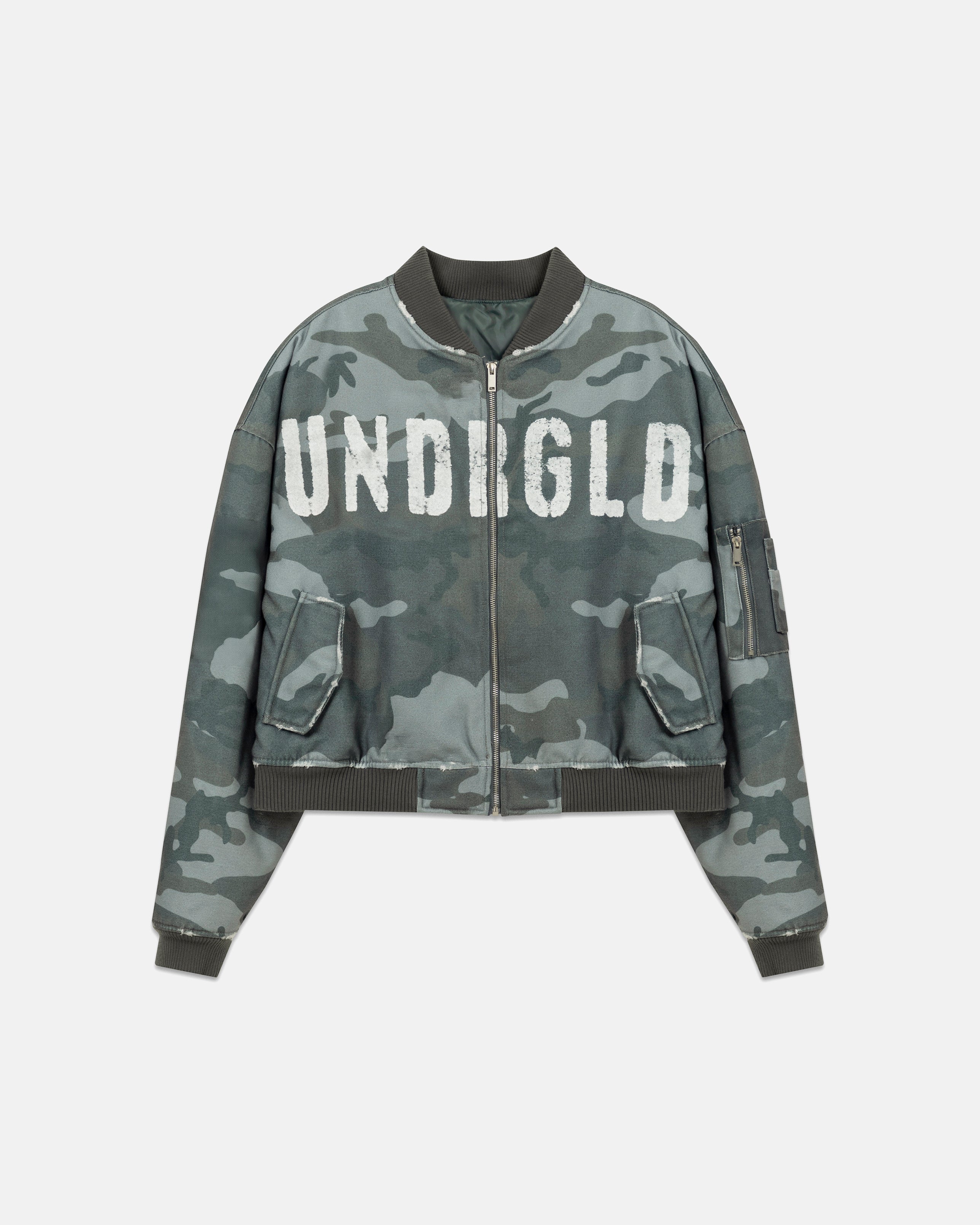 Holy State Worn Logo Bomber Jacket Gray Camo