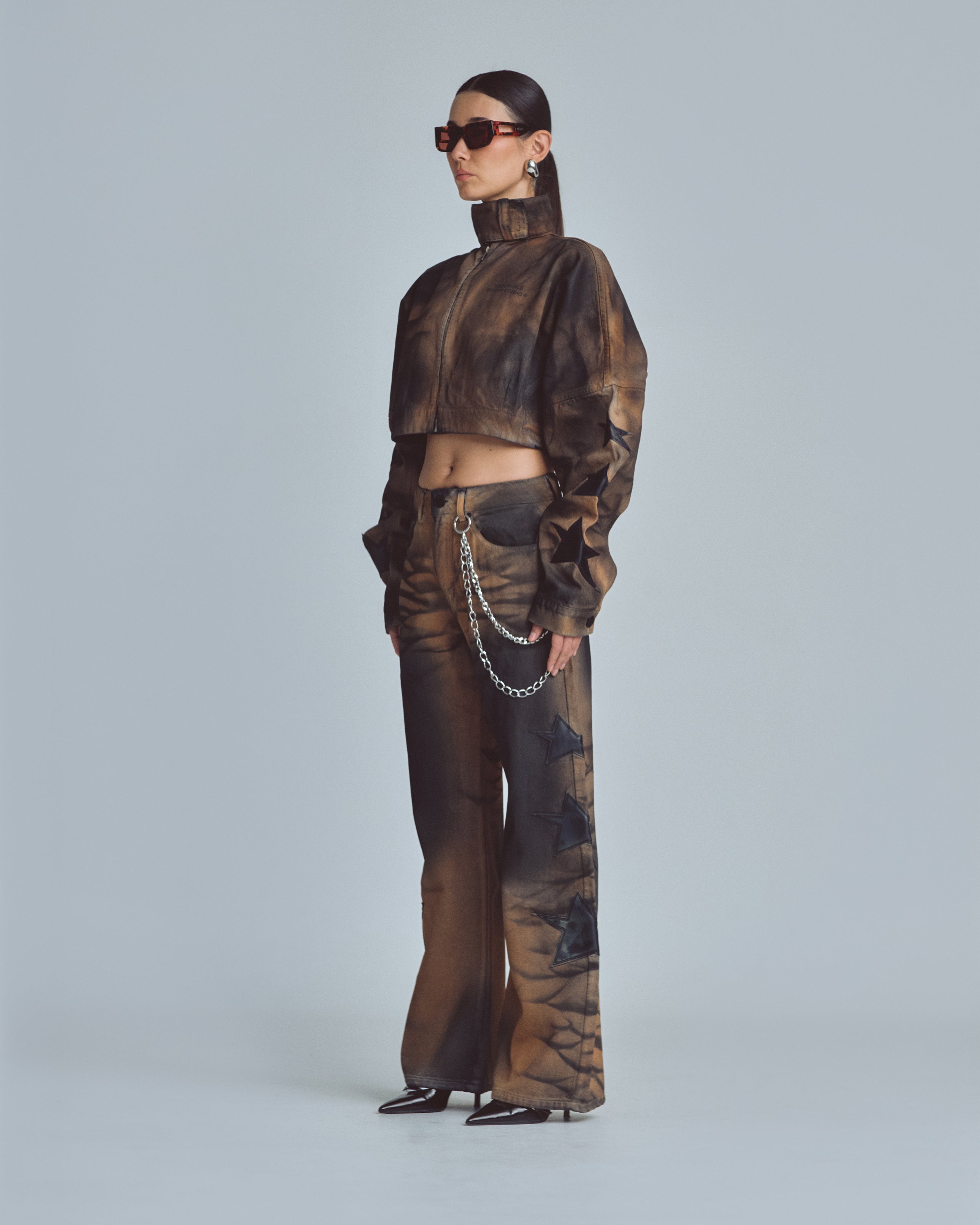 W Stardust Stars Tall Neck Zip Up Jacket Vintage Brown