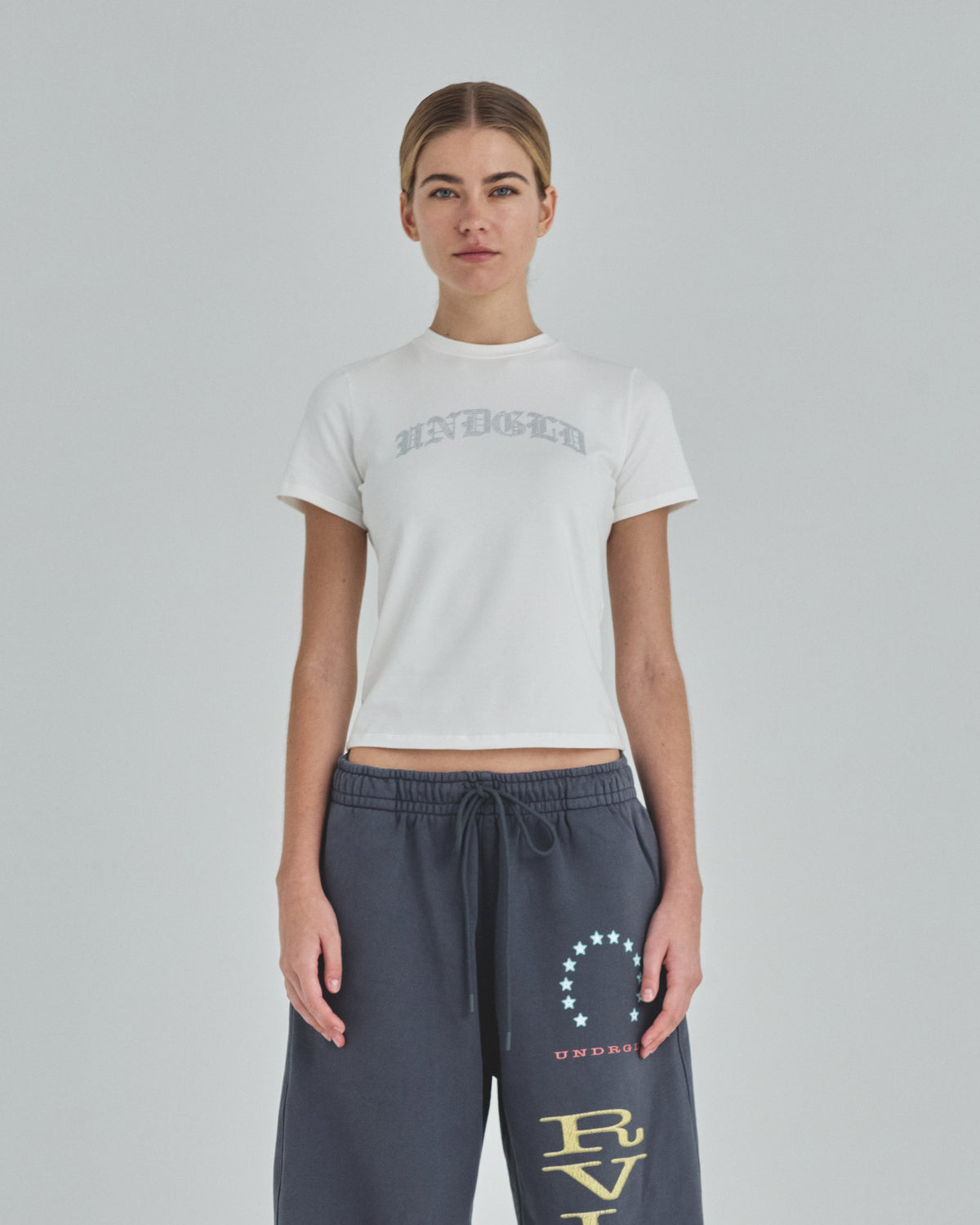 Basics Rhinestone UNDGLD Long Baby Tee White