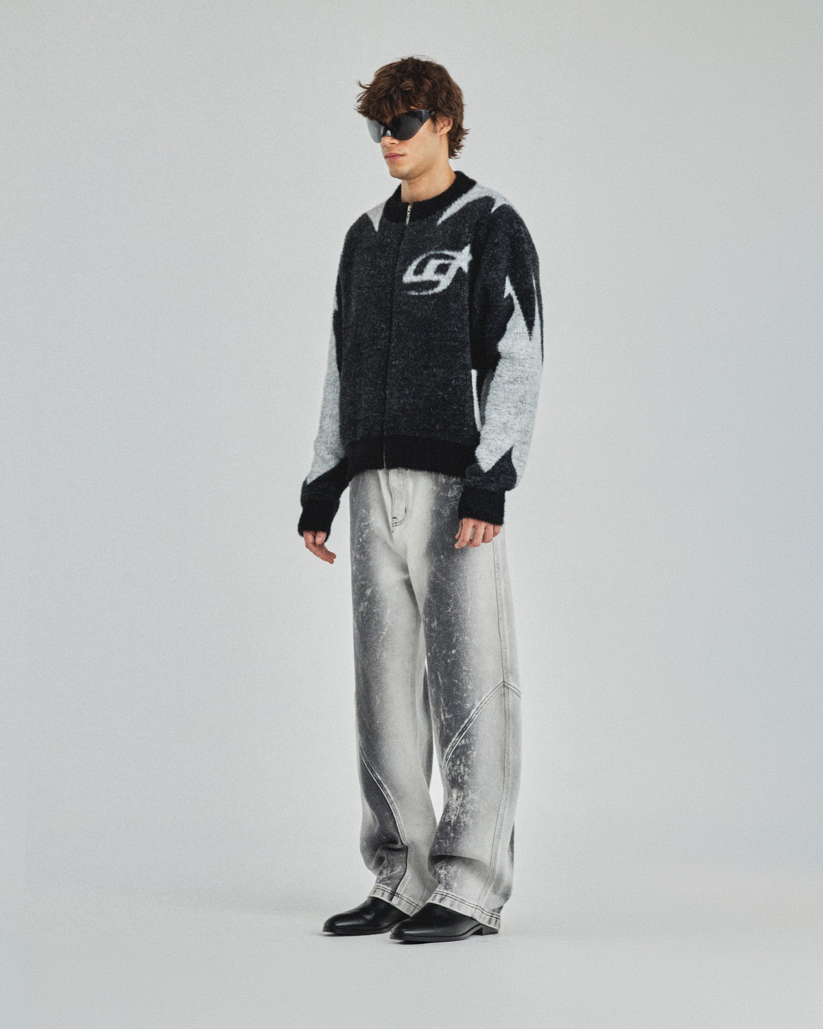 Basics UG Star Mohair Knit Zip Up Jacket Black/White