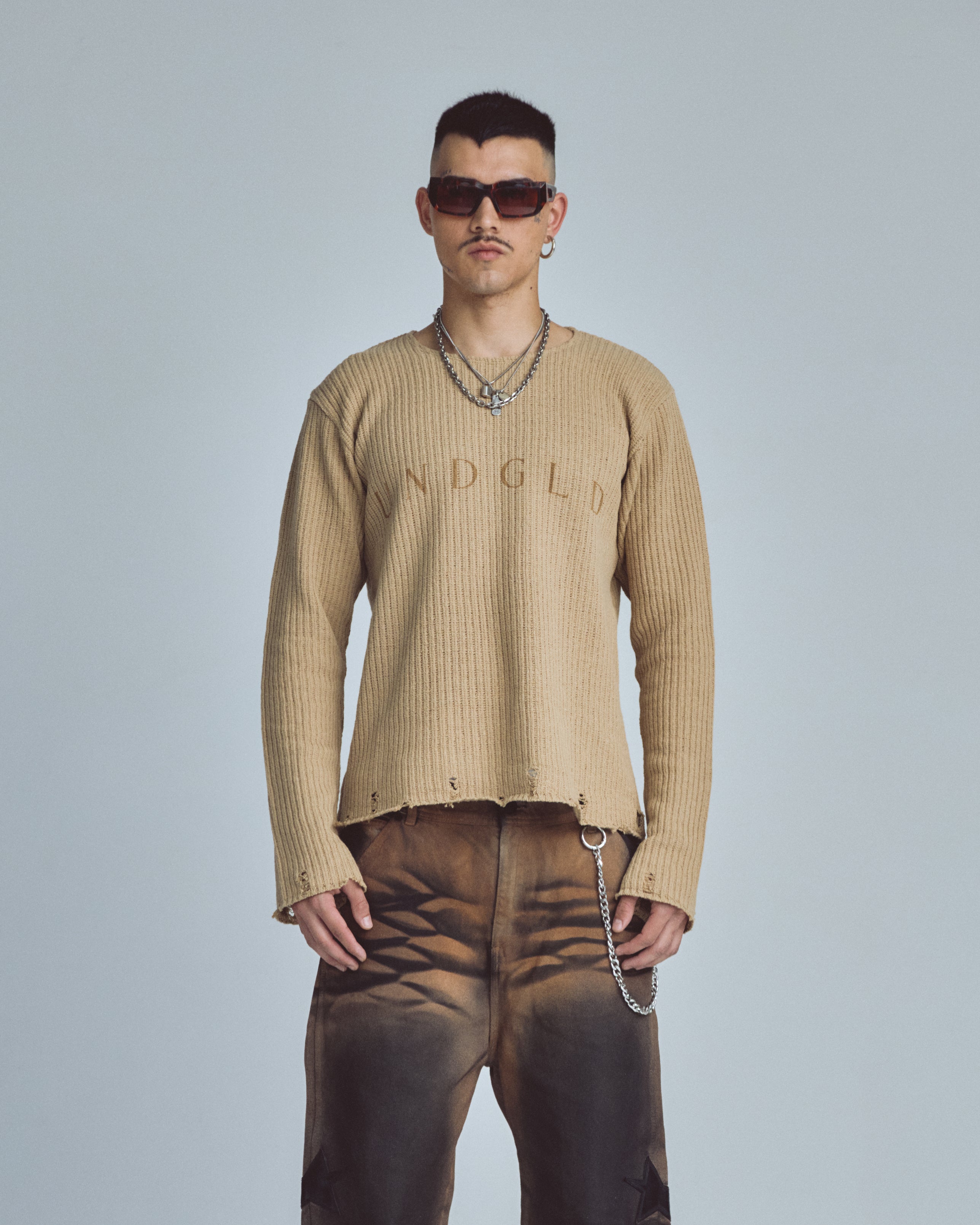Basics UNDGLD Destroyed Knit Sweater Cream
