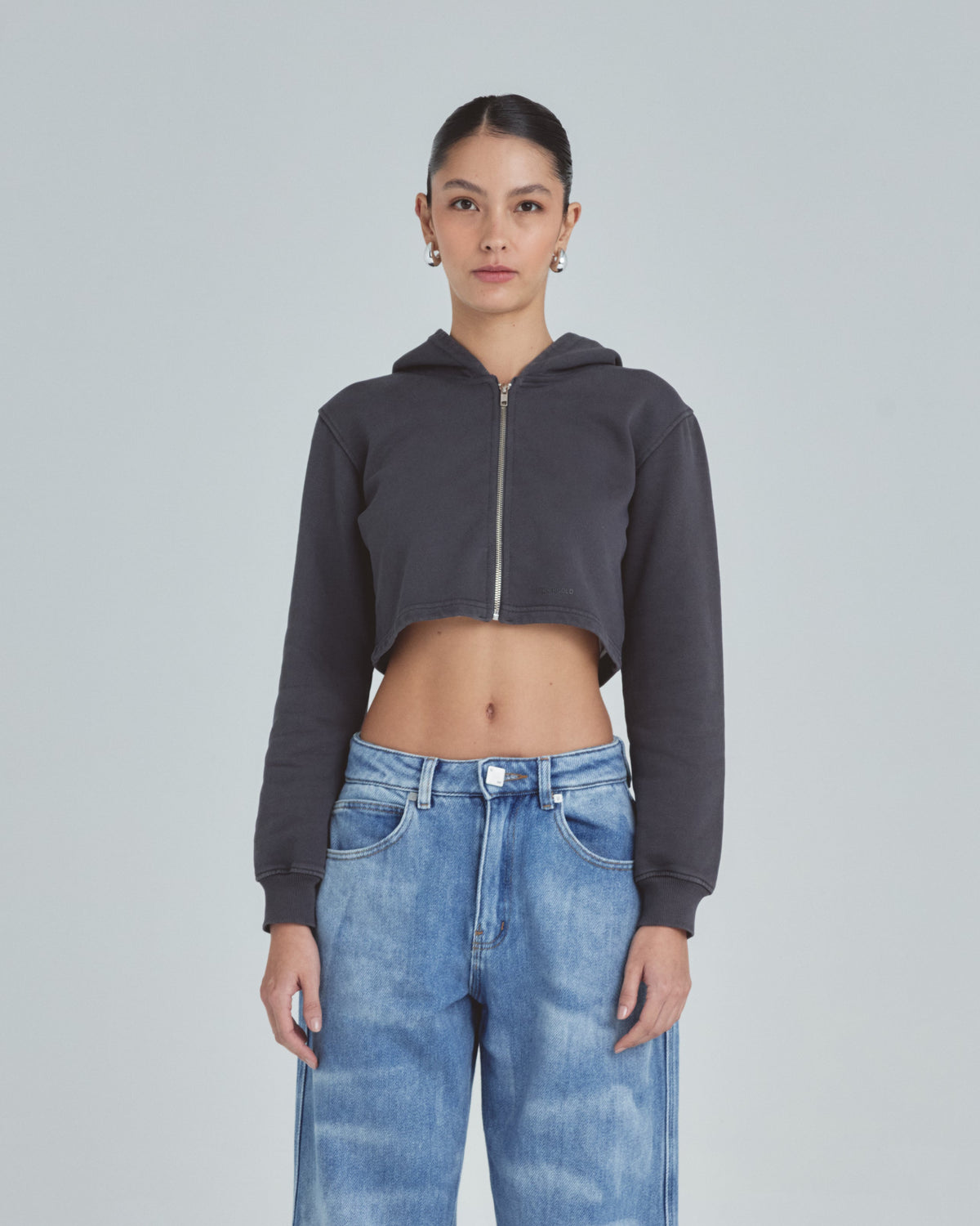Line Basic Slim Fit Zip Up Cropped Hoodie Dark Gray