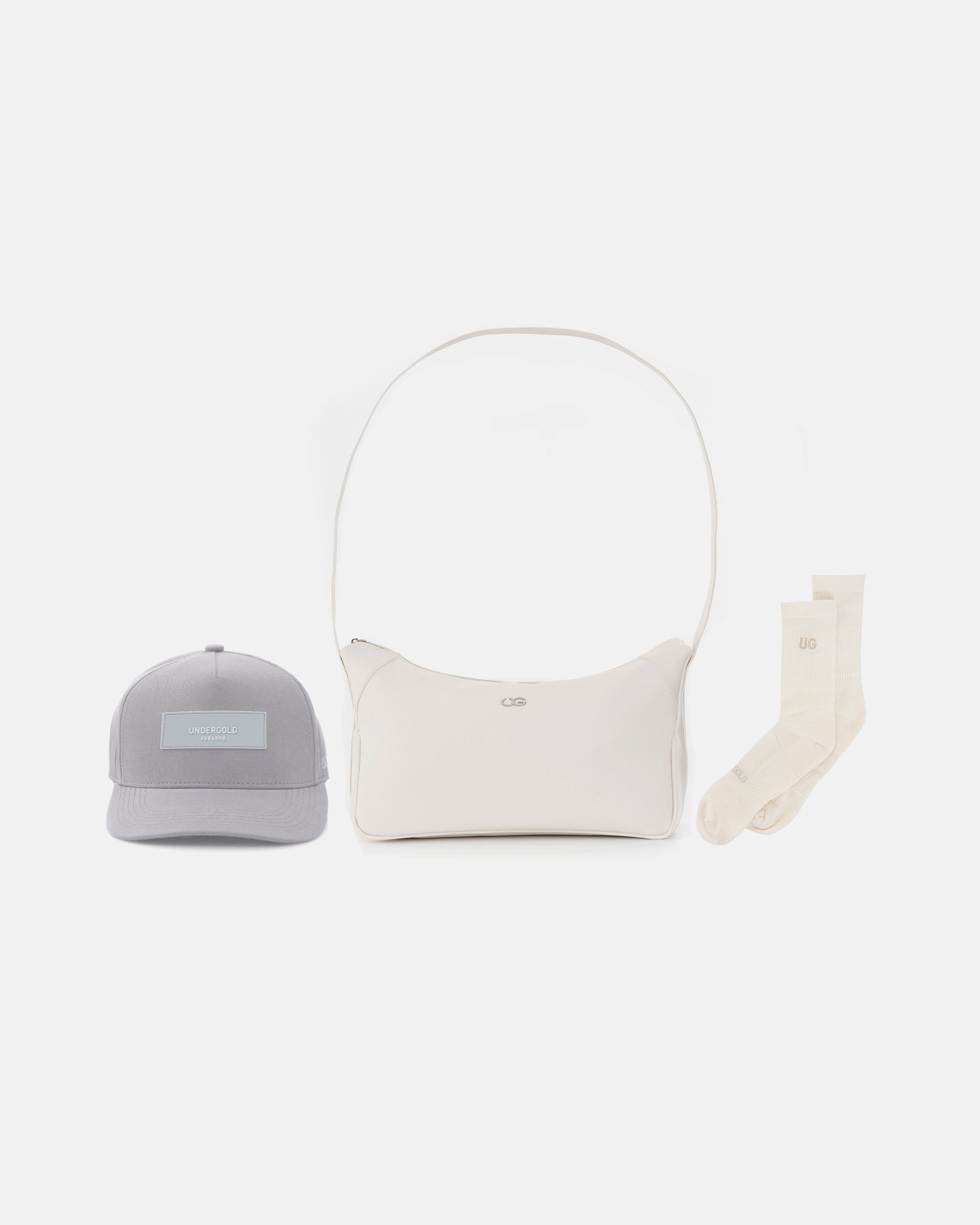 Pack Basics Rubber Cap Gray + Basics Messenger Bag Cream + Basics Embroidered UG Socks Cream