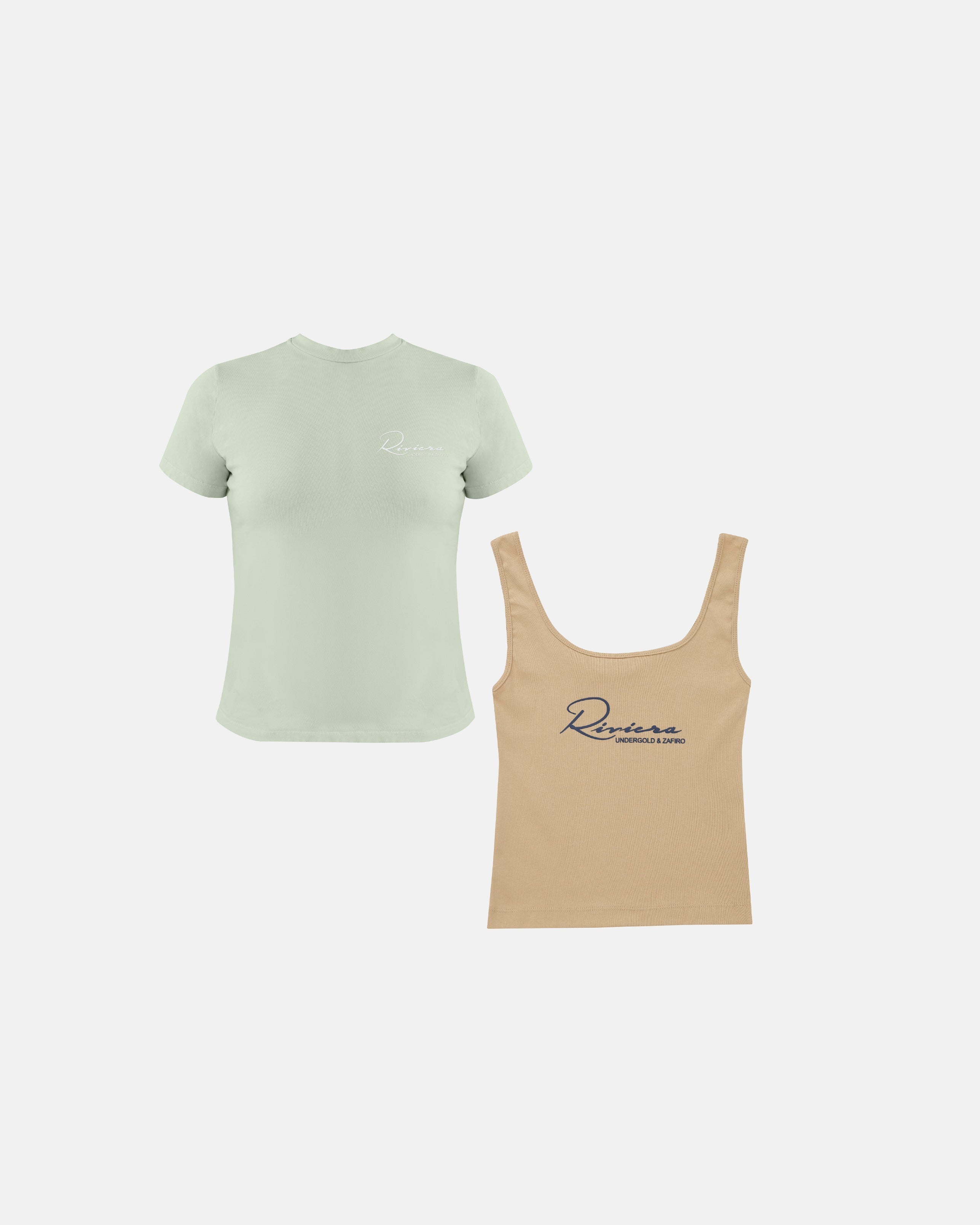 Pack Riviera Basic Long Baby Tee Green & W Riviera Basic Ribbed Tank Top Cream