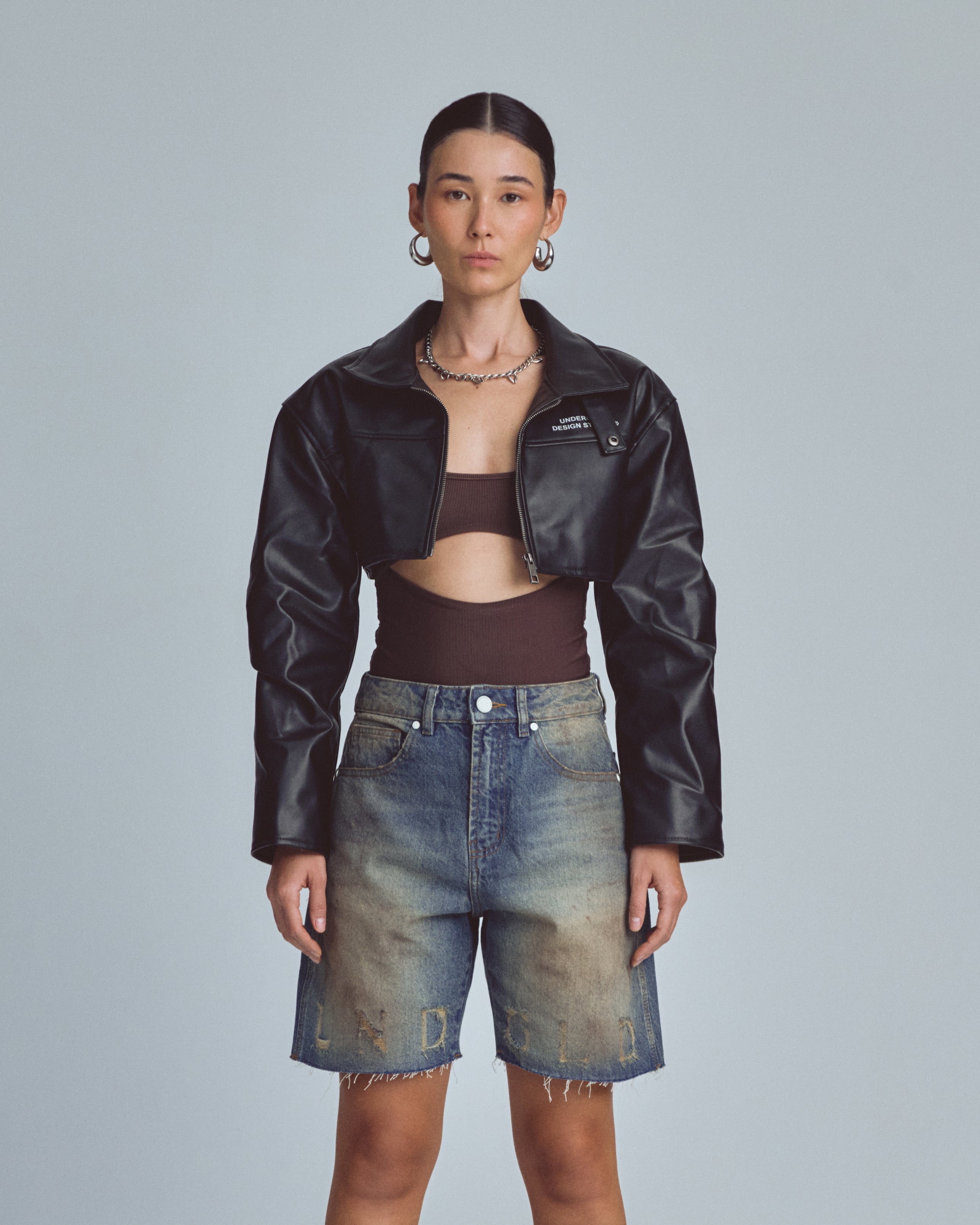 W Basics Undergold Design Studio Cropped Leather Jacket Black