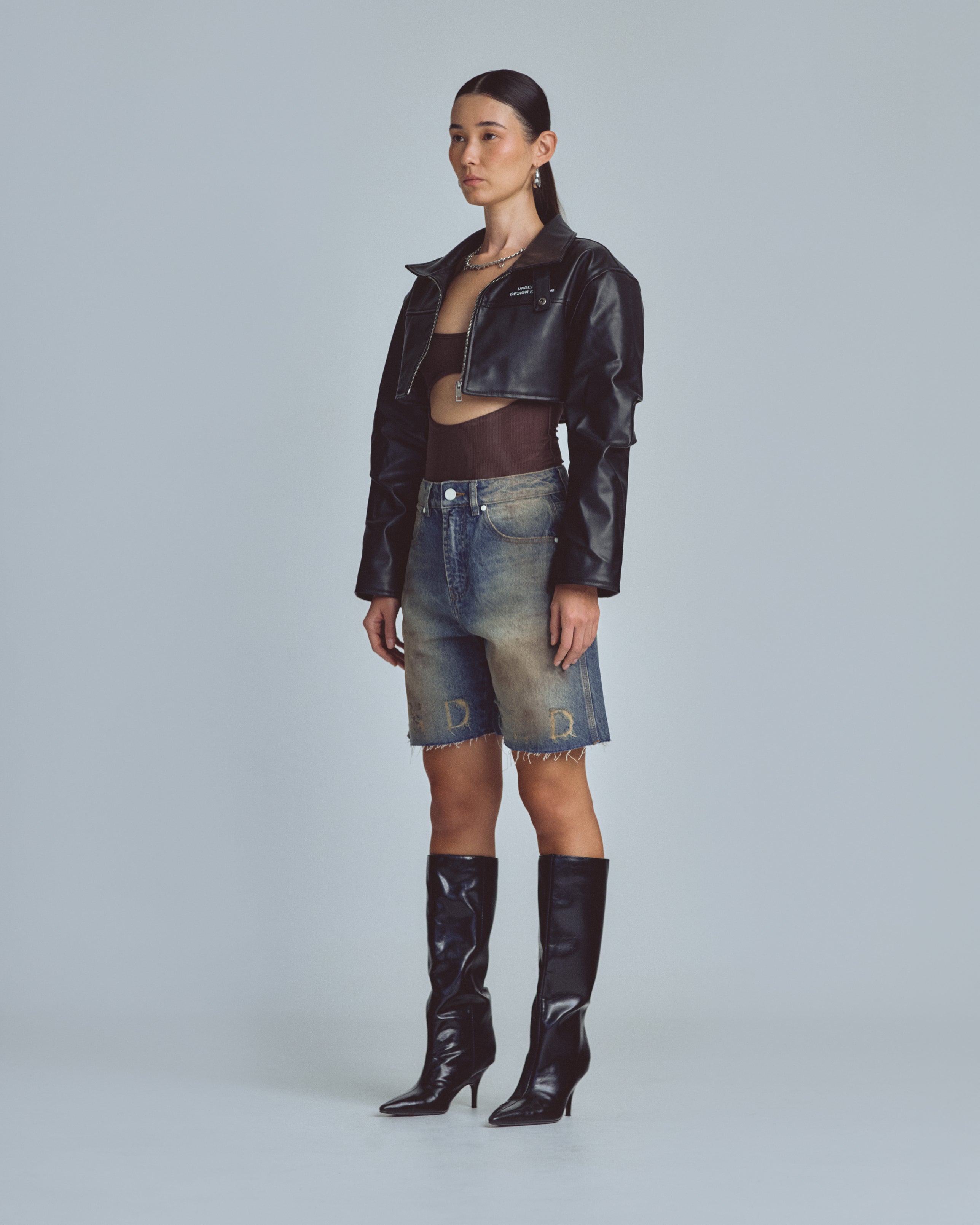 W Basics Undergold Design Studio Cropped Leather Jacket Black