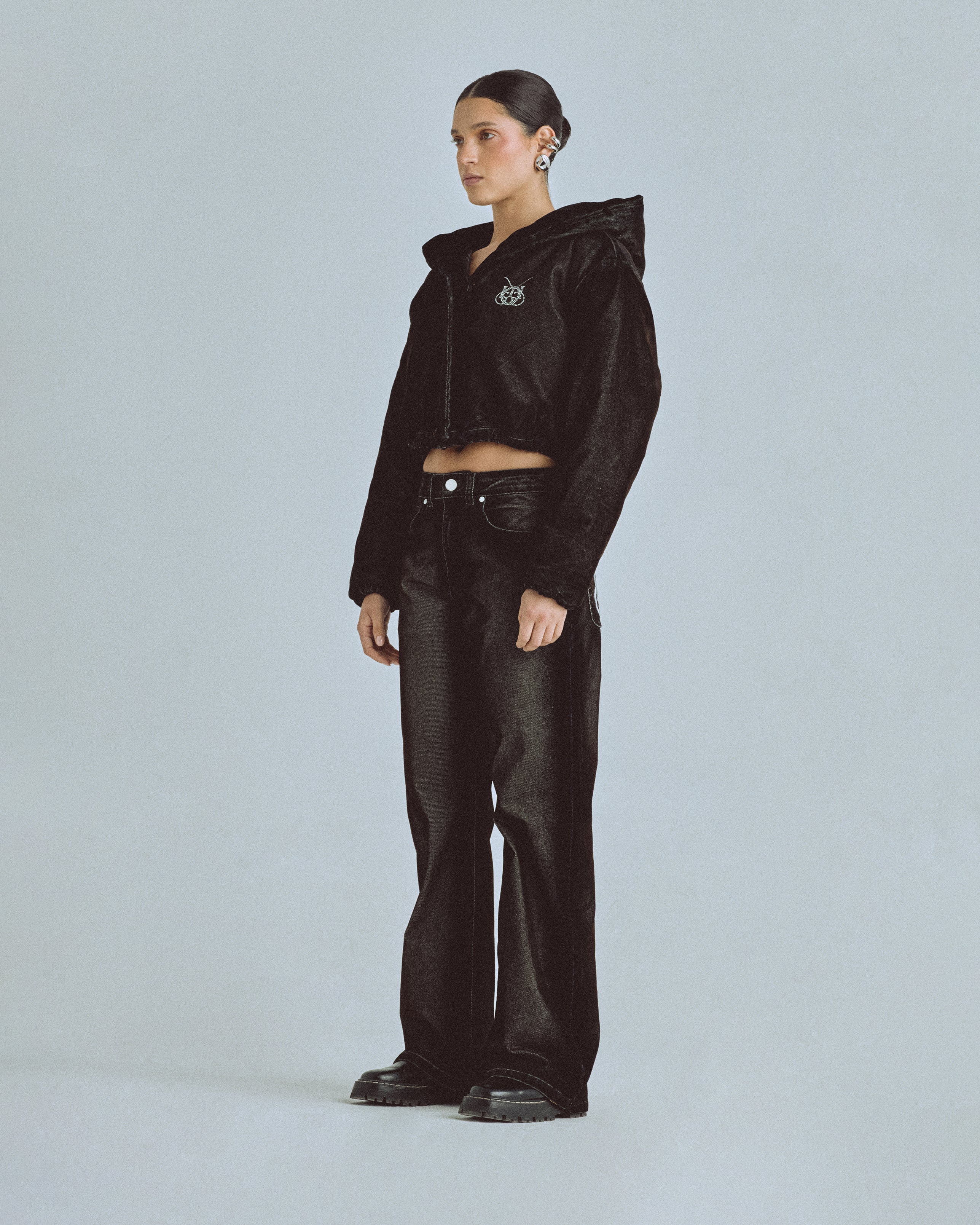 W Santa Union Bomber Velvet Cropped Jacket Black