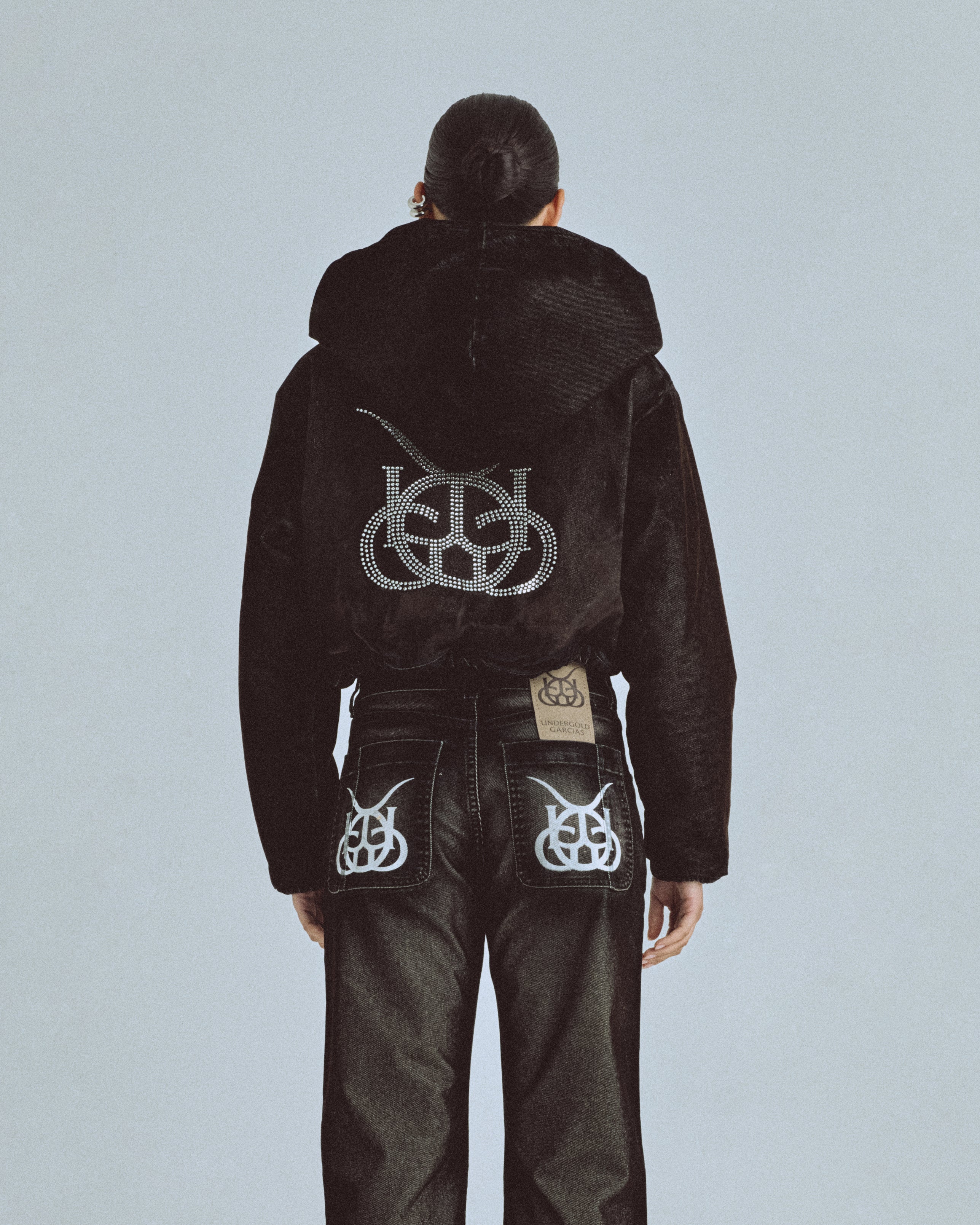 W Santa Union Bomber Velvet Cropped Jacket Black