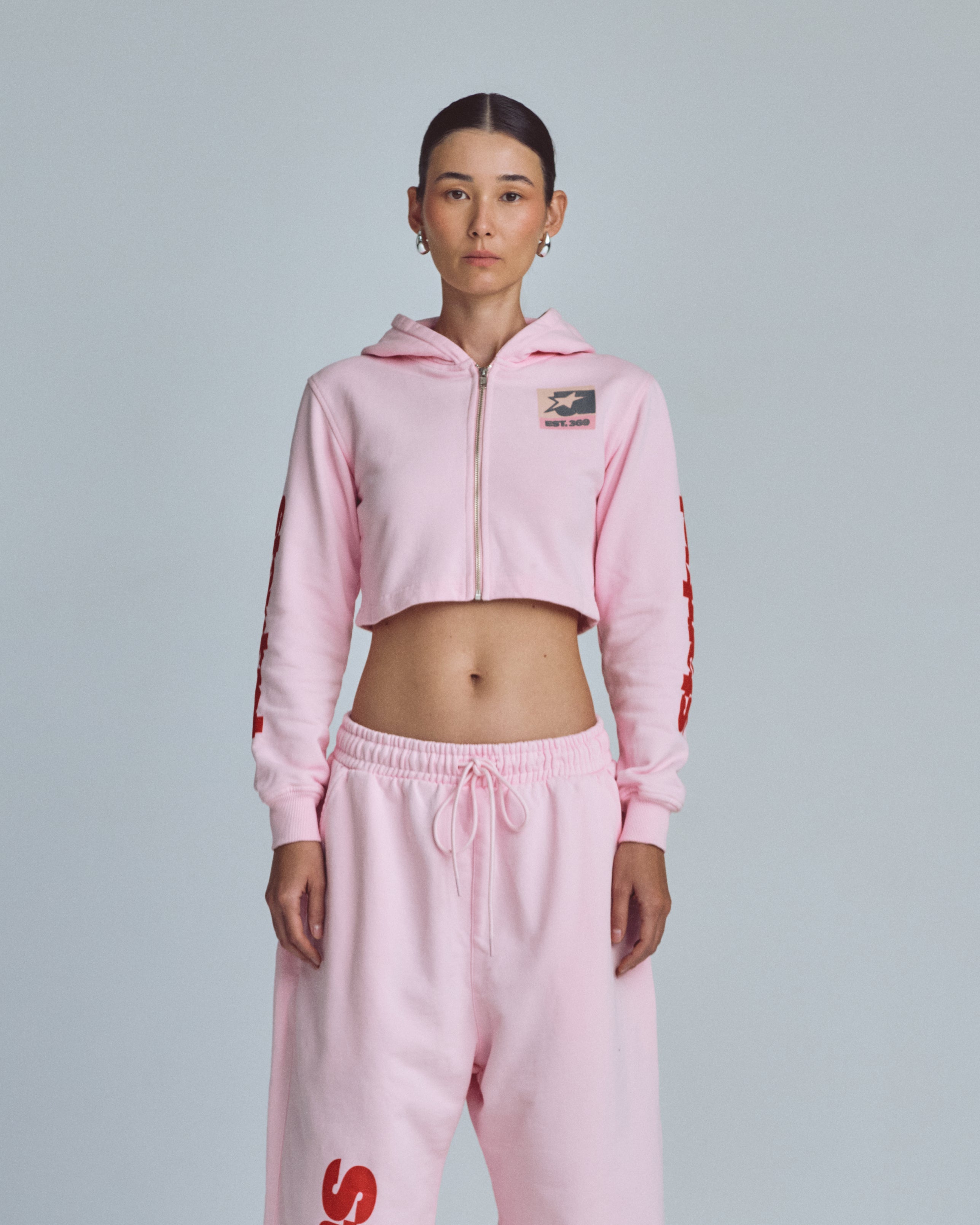 W Stardust Symbol Slim Fit Zip Up Cropped Hoodie Pink
