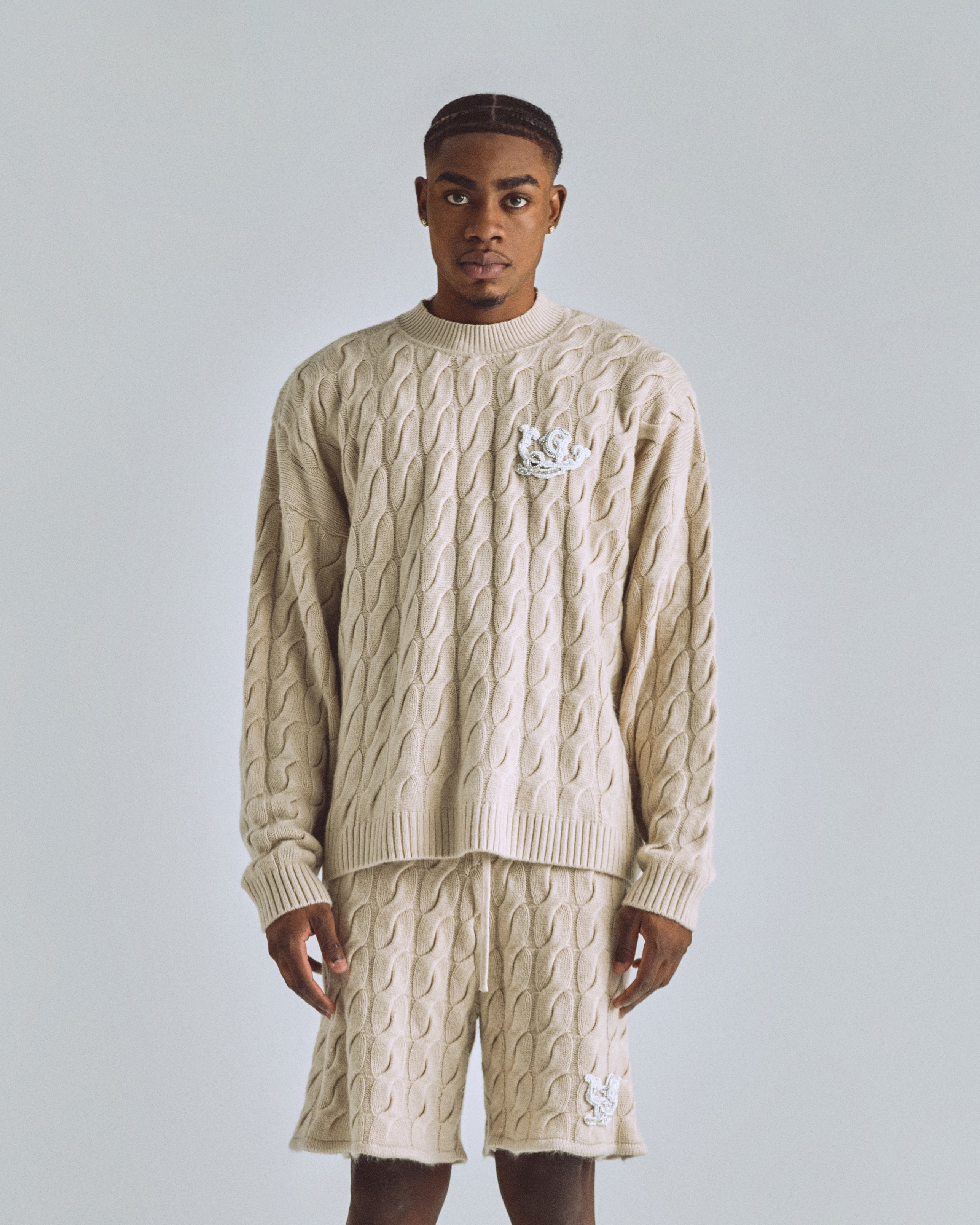 The Path Monogram Cable Knit Crewneck Cream