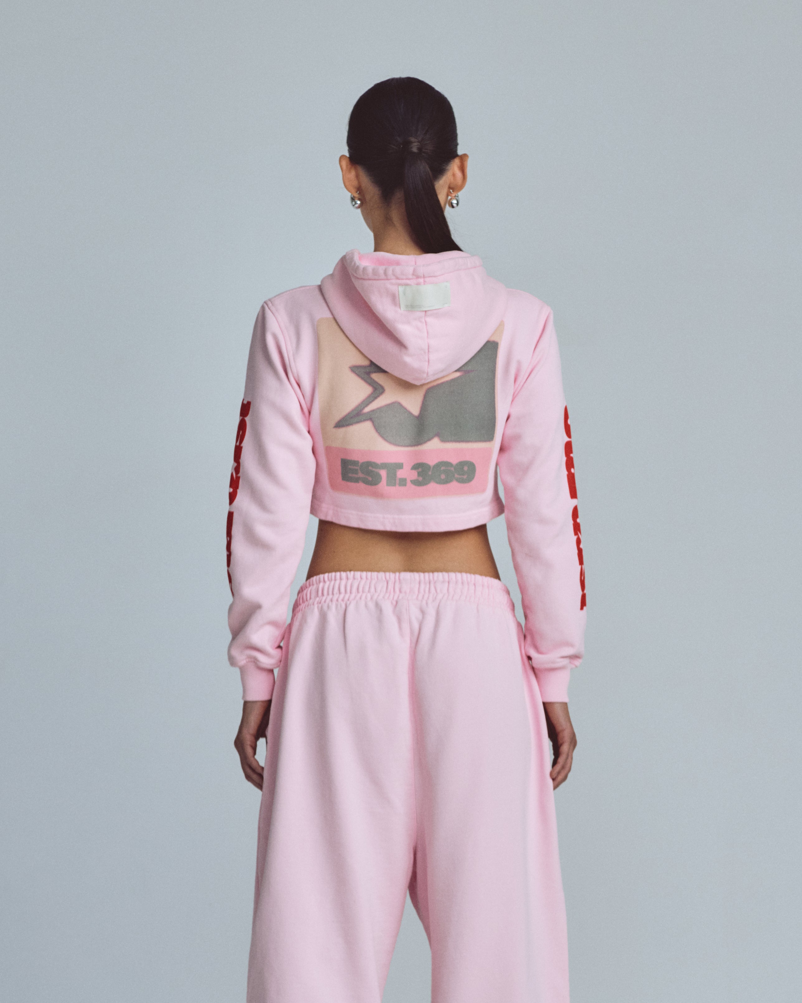 W Stardust Symbol Slim Fit Zip Up Cropped Hoodie Pink