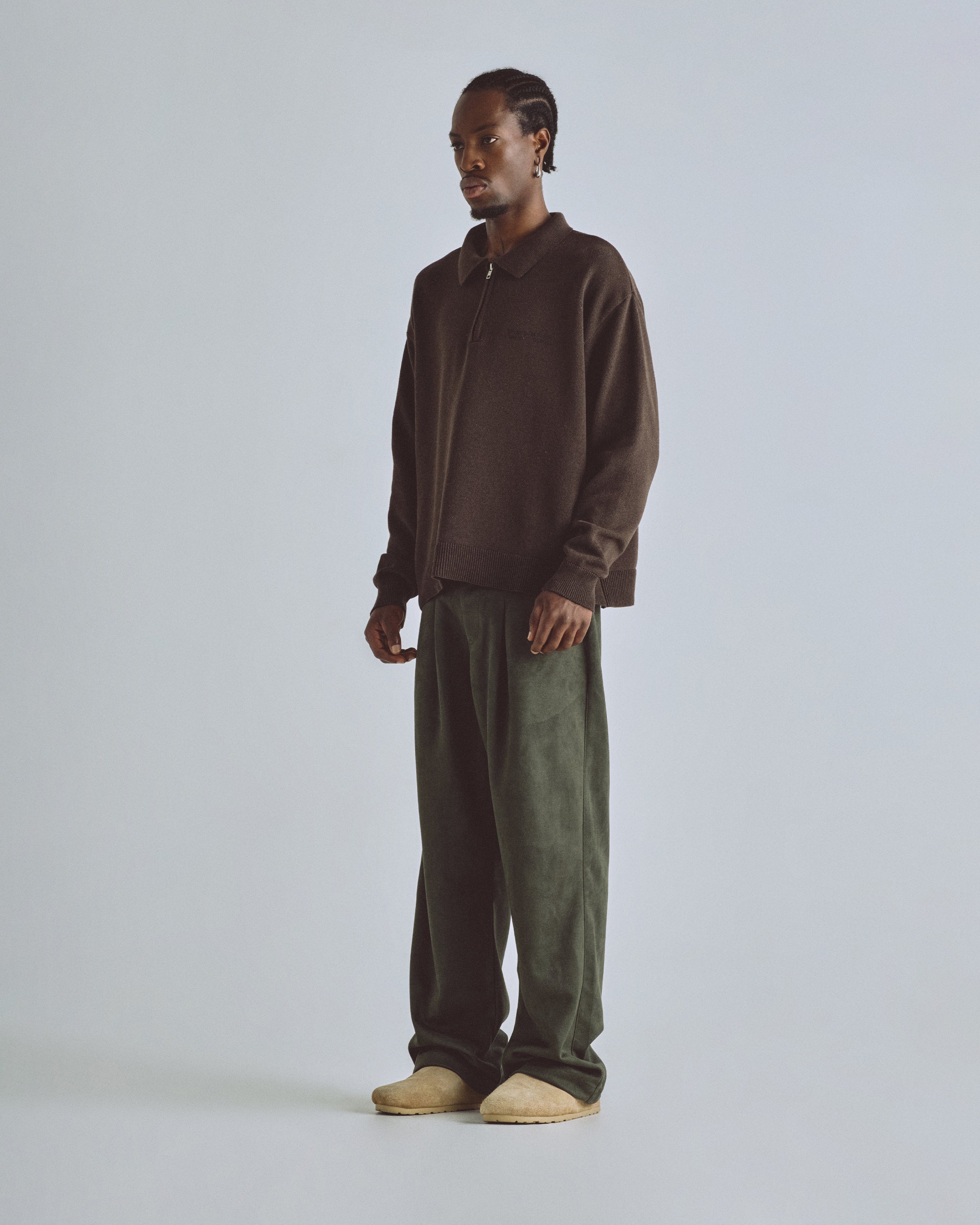 Basics Undergold Studio Knit Zip Up Long Sleeve Polo Shirt Brown