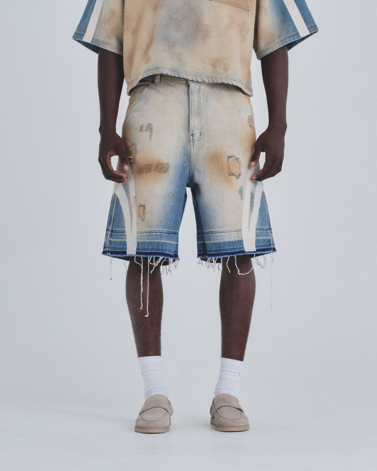 Holy State Stripe Denim Shorts Sand Blue