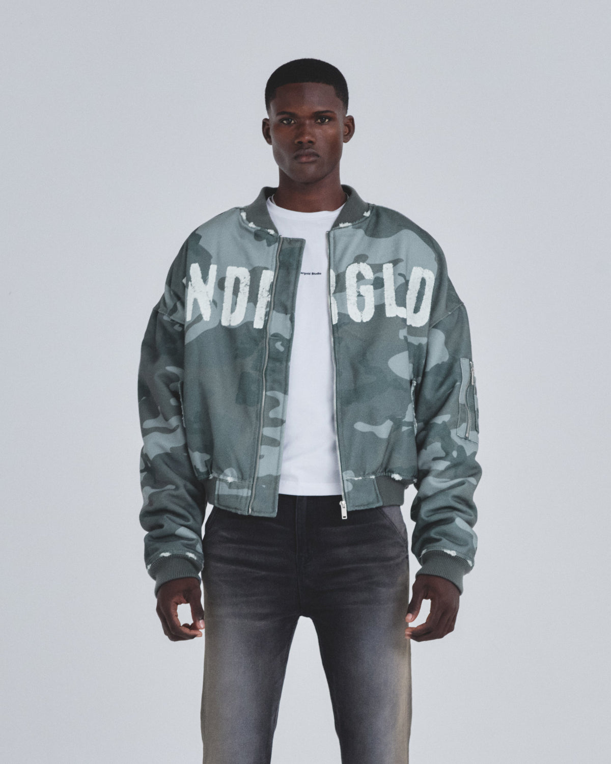 Holy State Worn Logo Bomber Jacket Gray Camo