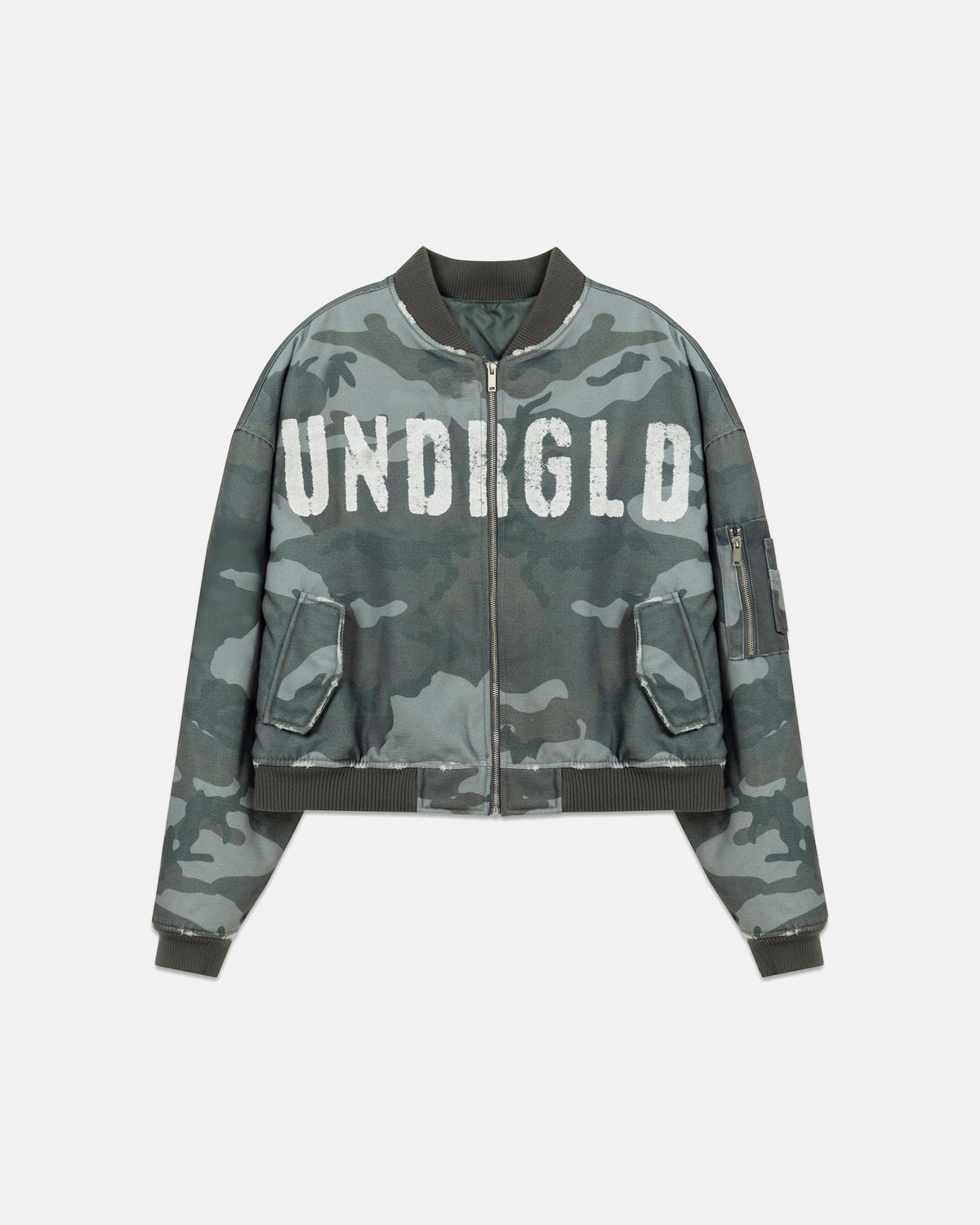 Holy State Worn Logo Bomber Jacket Gray Camo