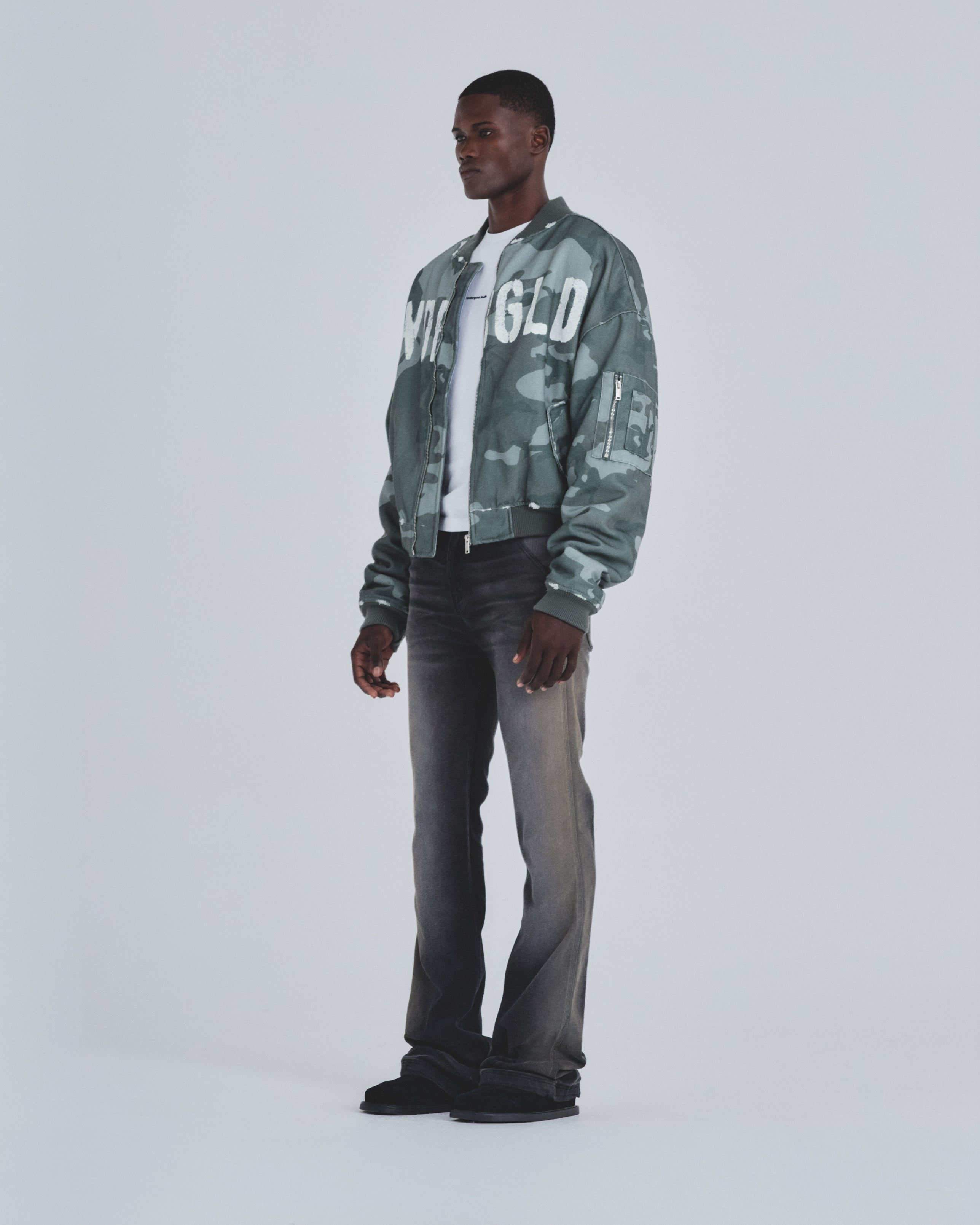 Holy State Worn Logo Bomber Jacket Gray Camo
