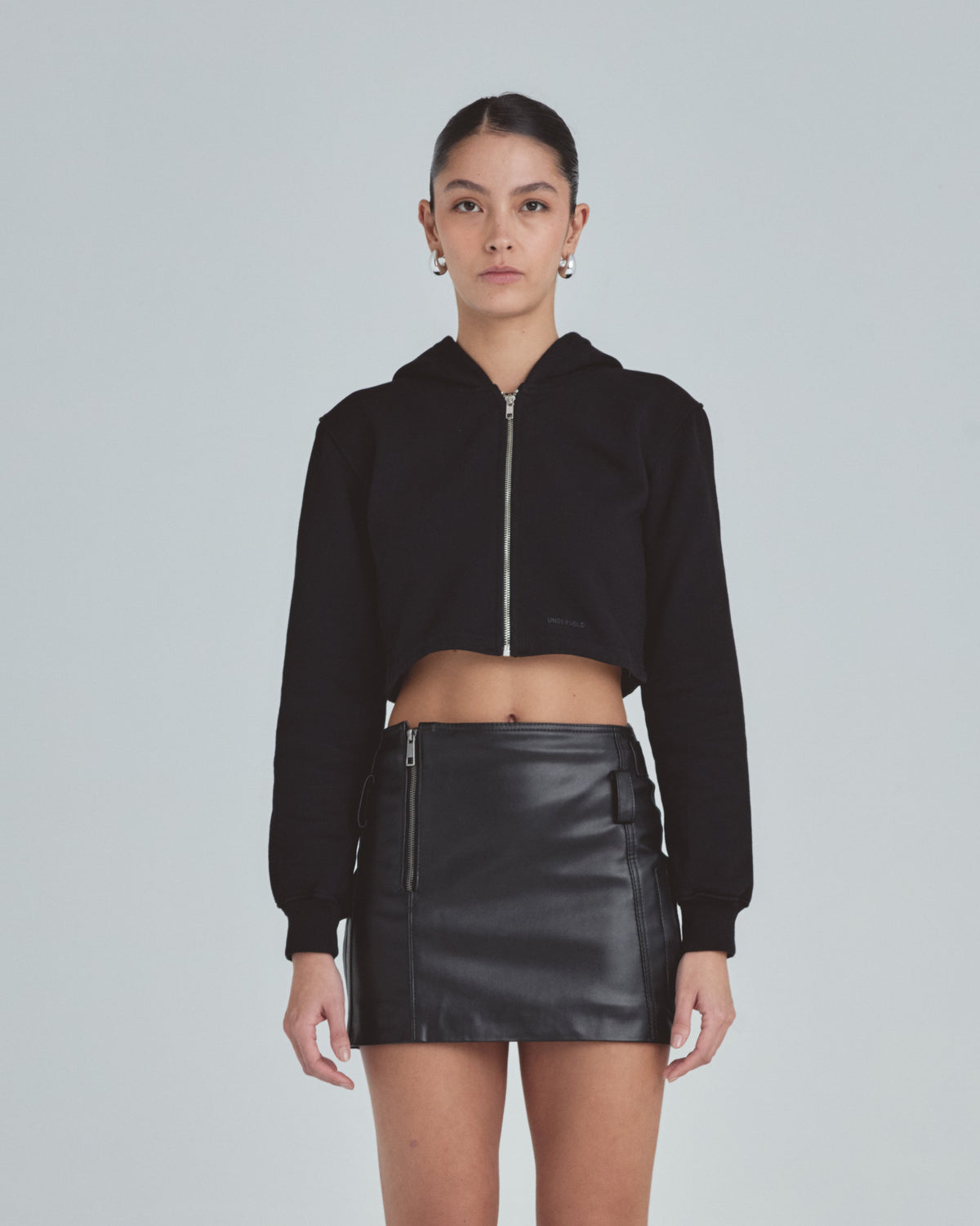 Line Basic Slim Fit Zip Up Cropped Hoodie Black