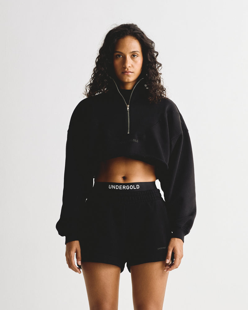 Line Logo Cropped Zip up Crewneck Black