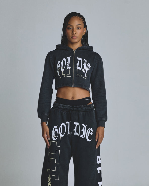 The One Psalm Slim Fit Zip Up Cropped Hoodie Vintage Black