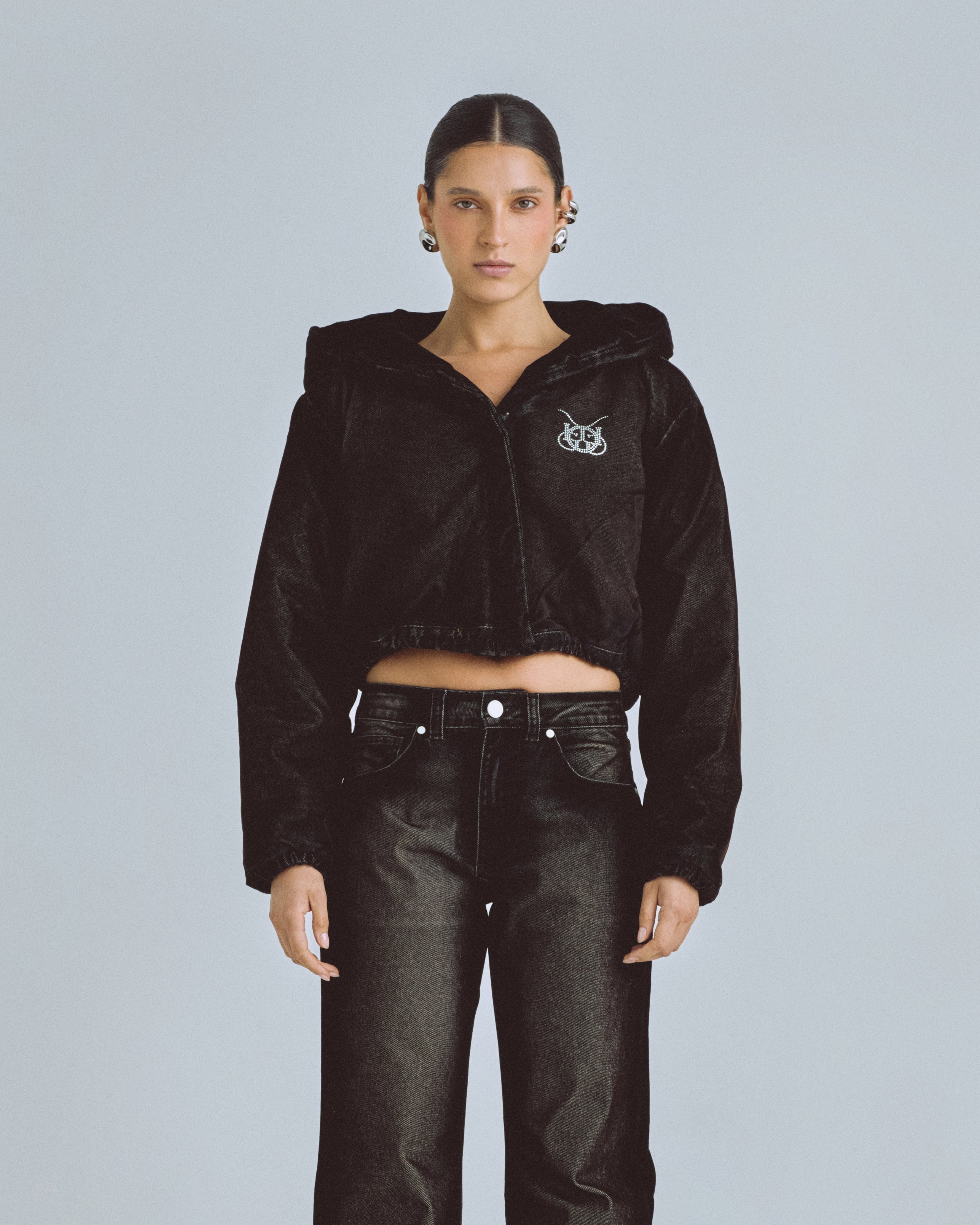 W Santa Union Bomber Velvet Cropped Jacket Black