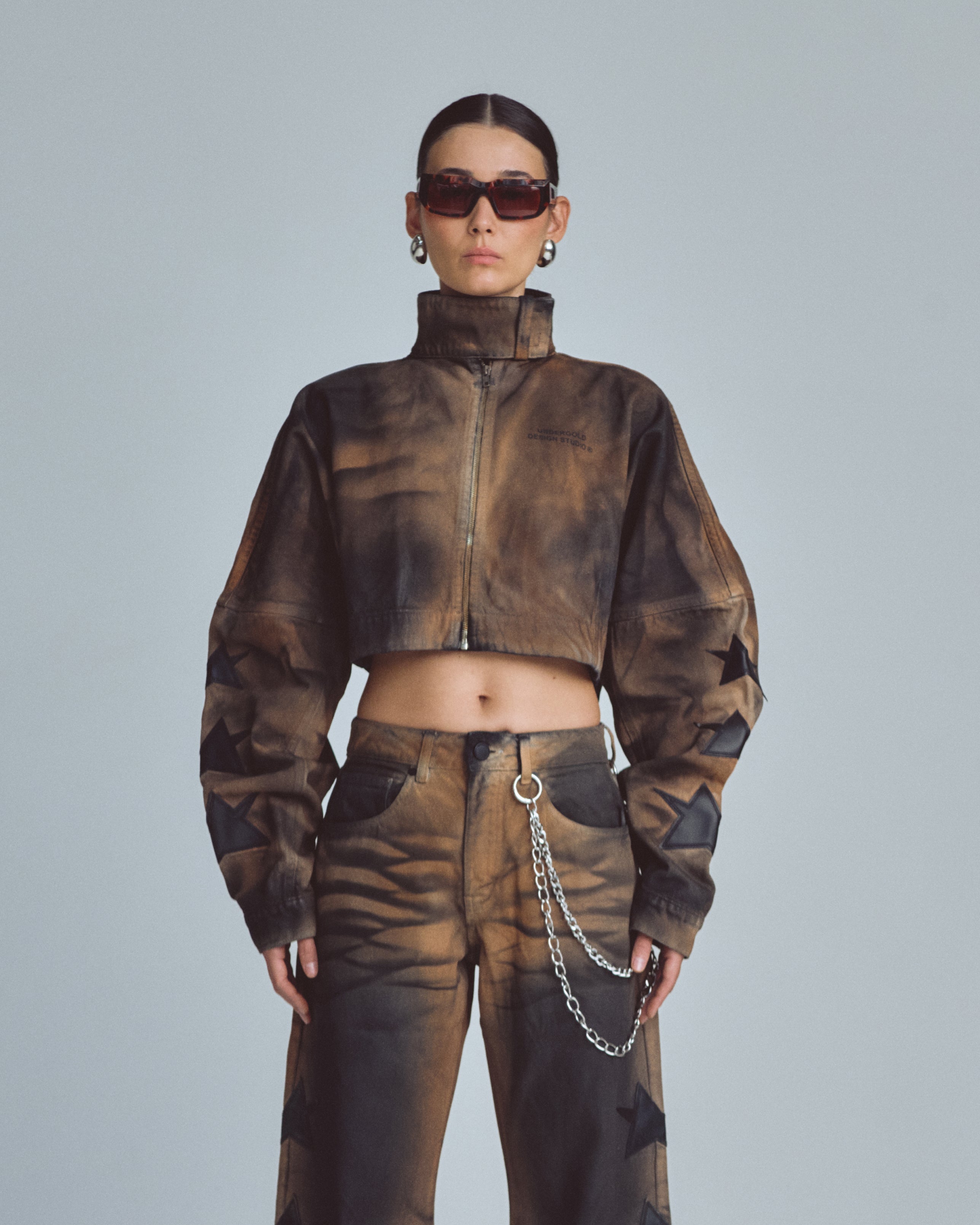 W Stardust Stars Tall Neck Zip Up Jacket Vintage Brown